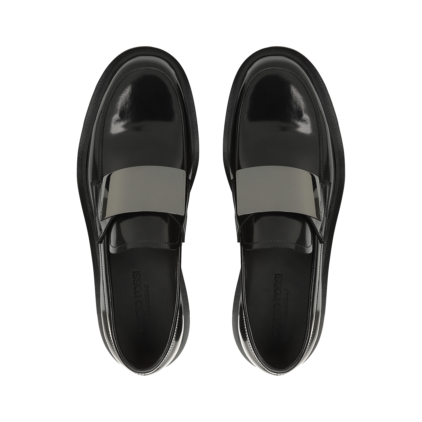 【Sergio Rossi】sr Miroir ラージプレート フラットシューズ ローファー ブラック ローヒール: 20mm, sr Miroir - Loafers