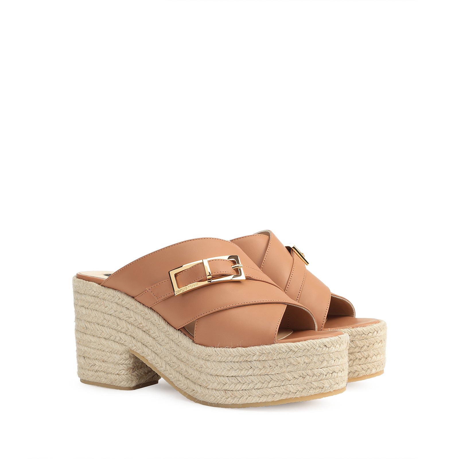 直営店‐Sergio Rossi‐ Sr Nora wedge 75mm＋40mm サンダル ウェッジ ブラウン ミッドヒール: 75mm, sr Nora - Wedges Tan
